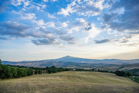 Typical Tuscan landscape in Val d'Orcia with hills, trees, fields, cypresses in autumn at sunset,