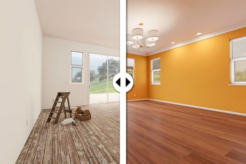 Before and after slider comparing the unfinished condition and the completed yellow painted and