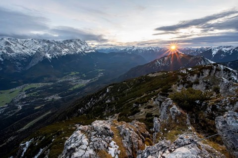 Mountain panorama with Wetterstein mountains and Zugspitze, mountain landscape with sun star at