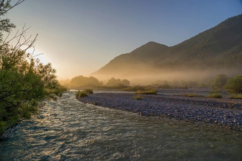 Isar valley nature conservancy area. The wild Isar river flows through its gravel bed past