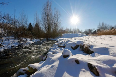 Dortmund, North Rhine-Westphalia, Germany - Sunny winter landscape in the Ruhr area, ice and snow