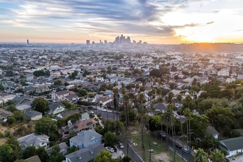 Los Angeles skyline aerial view with palm trees and downtown at sunset in California in Los