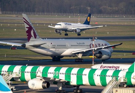 Düsseldorf Airport, Qatar Airways Boeing 787 Dreamliner, Eurowings aircraft on the apron, taxiway,