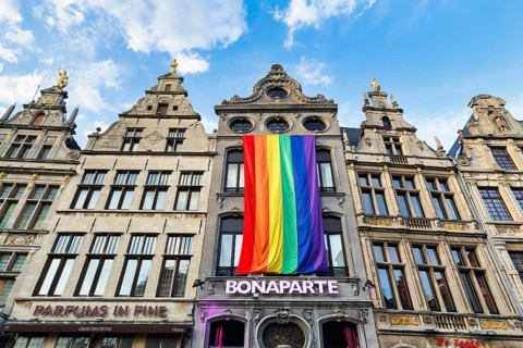 Guild houses, façade with rainbow flag, typical architecture on the Grote Markt, Antwerp, Flanders,
