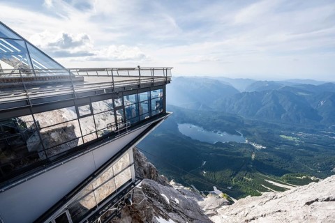 Modern mountain station of the Bavarian Zugspitze railway, mountain railway, view from the summit
