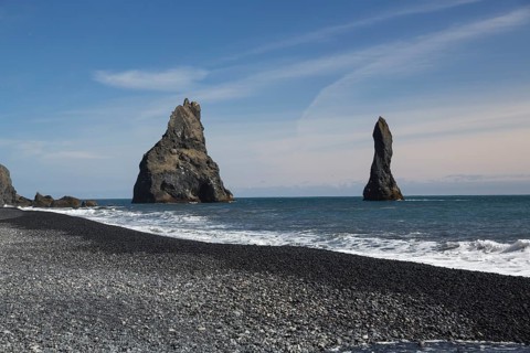 Rocks and cliffs at the black beach of Vík í Mýrdal, South Iceland