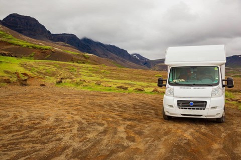 Camping car parking at Laugarvatnsvellir. Laugarvatnsvellir are dry flatlands to the east of