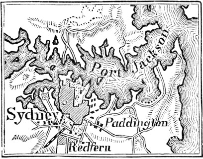 Topographic map of Sydney and environs, 19th century, Port Jackson, Paddington, Redfern, roads,