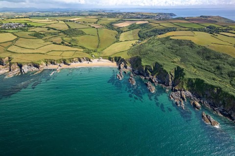 Hemmick Beach and the coast of St Austell seen from the air, Cornwall, England, United Kingdom,