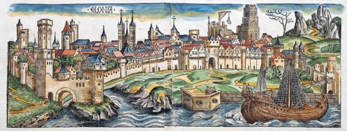 Medieval city view, general view of Cologne or Colonia, old coloured woodcut from: Schedel'sche
