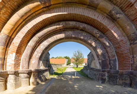 Romanesque portal as historical entrance to Altzella Monastery, Nossen, Saxony, Germany, Europe