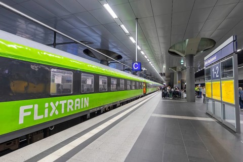 Flixtrain long-distance train from Flix at Berlin Central Station, Germany, Europe
