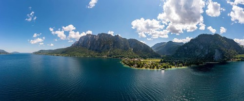 Drone image, Weißenbach am Attersee with Höllengebirge, Salzkammergut, Upper Austria, Austria,