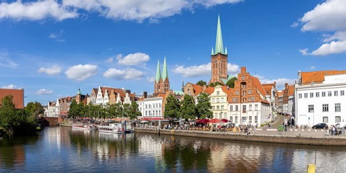 Lübeck old town with river Trave panorama in the Hanseatic city of Lübeck, Germany, Europe