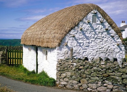 Traditional thatched house, Manx Cottage, Cregneish, Isle of Man, British Crown Colony, around