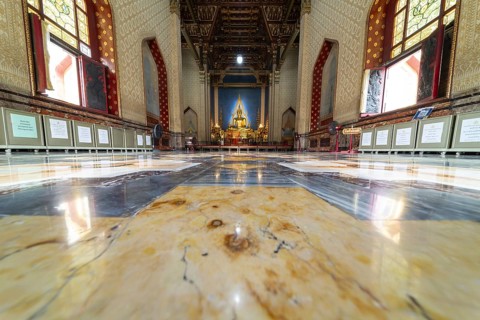 Golden Buddha statue, Bhumispara-mudra, Buddha Gautama at the moment of enlightenment, in the