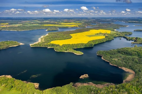 Aerial view over lake Schaalsee at Biosphärenreservat Schaalsee in spring, Schleswig-Holstein,