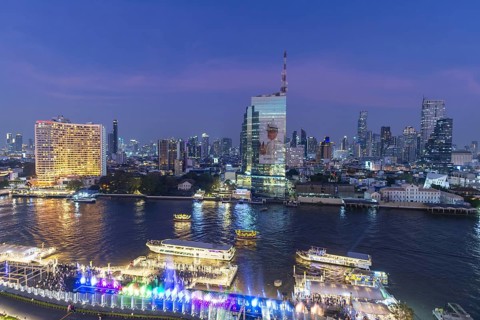 Panorama from IconSiam over the Mae Chao Praya, skyline of Bangkok, Thailand, Asia