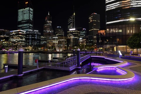 Skyline at Elisabeth Quay, blue hour, blue hour, harbour, Perth, State of Western Australia,