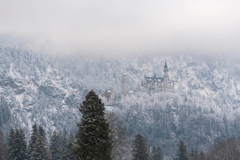 Snow-covered castle lies in a misty winter landscape, surrounded by dense forests, Neuschwanstein,
