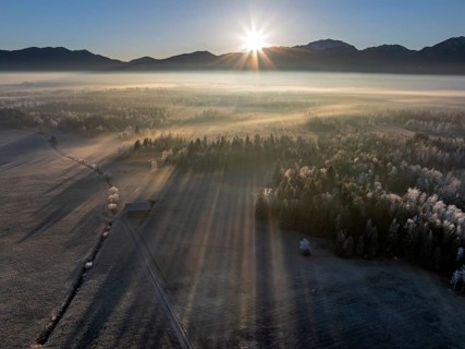 Sunrise, fog, hoarfrost, mountains, winter, forest, backlight, aerial view, Loisach-Lake Kochel