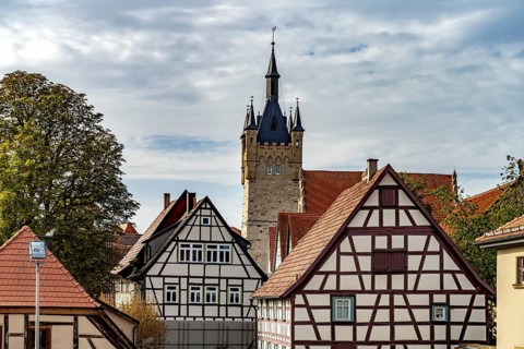 Blue Tower and half-timbered houses in Bad Wimpfen, Kraichgau, Baden-Württemberg, Germany, Europe