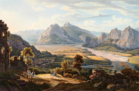 View of the Haldenstein ruins above Ragatz and the town of Sargans, in the Swiss canton of