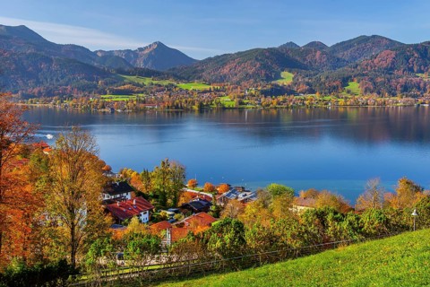 Panorama of town and lake with view to the lakeshore of Bad Wiessee in autumn, town Tegernsee,
