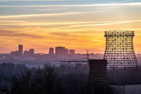 Skyline of the city centre, seen from Zeche Zollverein, skeleton of the coking plant's cooling