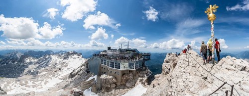 Panorama, view of the Zugspitzplatt, tourist summit of the Zugspitze with golden summit cross and