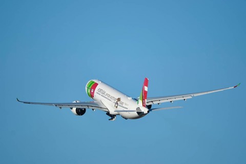 Lisbon, Portugal - September 2, 2023: TAP Air Portugal Airbus A330-941 passenger plane in sky after