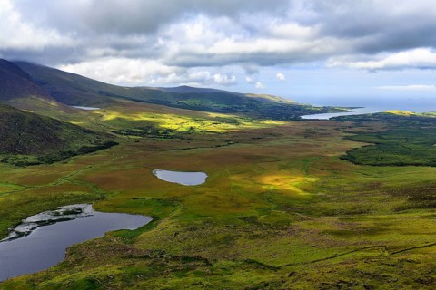View from Connor Pass, also Conor Pass, to Brandon Bay, coastline, Dingle Peninsula, County Kerry,