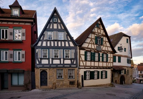 Row of houses with birthplace of Friedrich Schiller, Schiller town Marbach am Neckar, evening