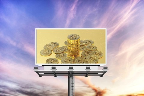 Symbolic image, Bitcoin on billboard, questionable vision of the future, stock market prices,