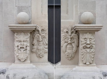 Grotesques on the capstones of the entrance portal of the Knaufmuseum, Iphofen, Lower Franconia,