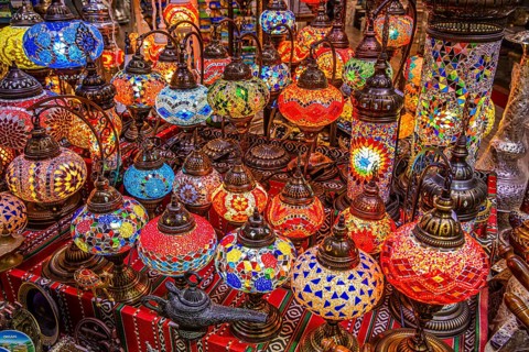 Colourful glass lamps in the souk of Mutrah, Muscat, Arabian Peninsula, Sultanate of Oman
