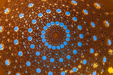 Richly decorated dome of a pavilion on the Corniche of Mutrah, Muscat, Arabian Peninsula, Sultanate