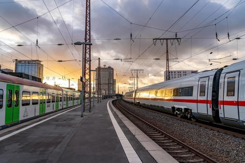 North Rhine-Westphalia, Germany, ICE train leaving Essen main station, regional train arriving, on