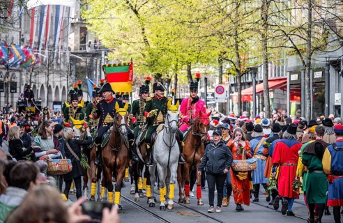Parade of historically costumed guildsmen, Sechseläuten or Sächsilüüte, Zurich Spring Festival,