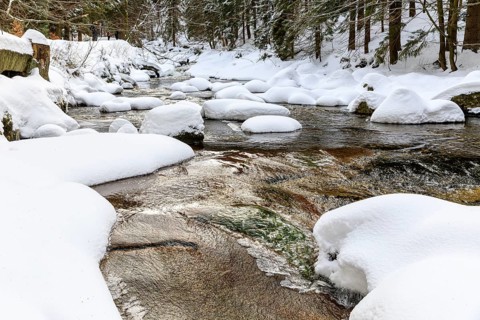 River Mummel in the snow, above Harrachsdorf in the Giant Mountains, Czech Republic, Europe