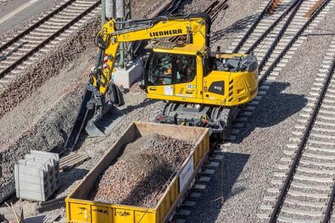 Untertürkheim railway sidings with construction machinery for track construction. Construction site