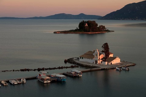 Vlachema Monastery and Pontikonissi Island, Corfu, Ionian Islands, Greece, Europe