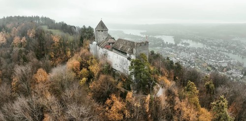 Aerial view, panorama of Hohenklingen Castle above Stein am Rhein on a foggy autumn day, Canton