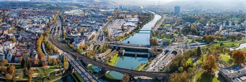 Stuttgart and the Neckar valley, with the Bad Cannstatt district and railway station on the left.