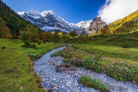 Stream, mountain landscape, maple trees, snowy mountains, sunny, autumn, Großer Ahornboden,