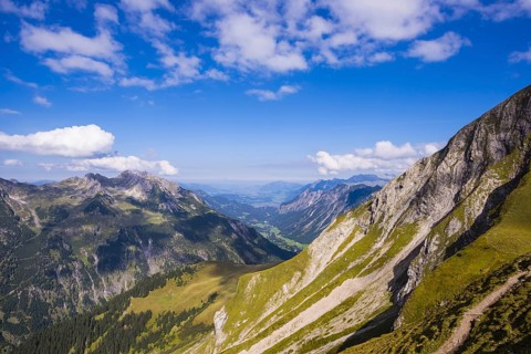 View from the Rappenseehuette into the Stillachtal valley as far as Oberstdorf, Allgäu Alps,