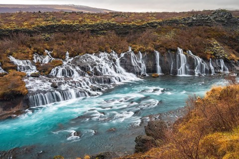 Hraunfossar, waterfalls in autumn, river Hvítá, West Iceland, Vesturland, Iceland, Europe