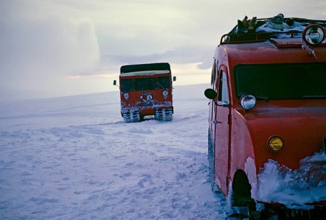 Mercedes Benz snow chain vehicle and GUSI Bombardier B 12 snowmobile, Gudmundur Jonasson travel