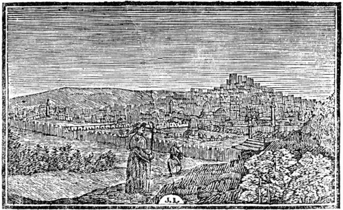 Pilgrimage to Jerusalem, Israel, view of the city, woodcut, historical illustration, Christoph