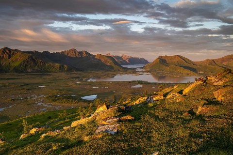 View of the coast and mountains from Mount Hoven, Gimsoy, Lofoten, Norway, Europe